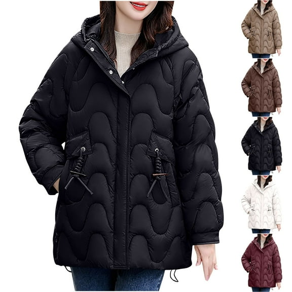 Fartey Womens Puffer Jacket Winter Warm Coat with Hood Lightweight Thickened Quilted Jacket Fashion Casual Solid Color Long Sleeve Coat with Pockets Coffee L