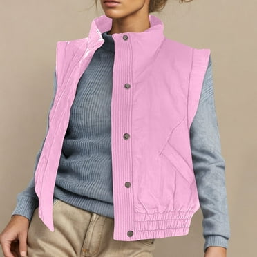 Fartey Womens Puffer Vest Cropped Lightweight Button Down Quilted Vest Fashion Solid Color Sleeveless Stand Collar Padded Gilet Coat with Pockets L