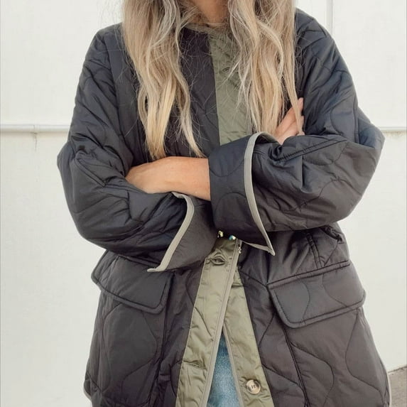 Fartey Womens Quilted Jacket Oversized Button Up Puffer jacket Long Sleeve Padded Winter Coat Loose Casual Collarless Outerwear with Pockets