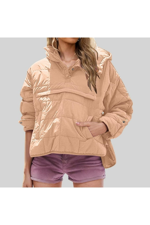 Womens Quilted Pullover Jackets Button Down Puffer Jacket Oversized Long Sleeve Hooded Coats with Pockets Solid Color Winter Warm Outerwear Khaki XL