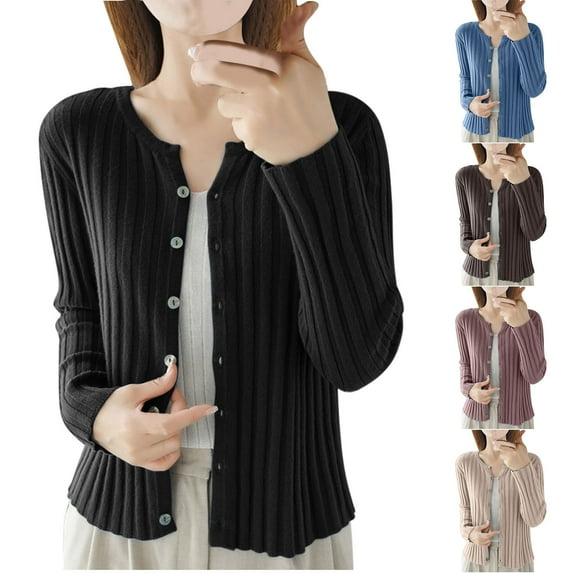 Fartey Womens Ribbed Knit Crop Cardigan Sweater Dressy Casual Button Down Open Front Sweaters Lightweight Comfy Solid Color Going Out Cardigans Blue L