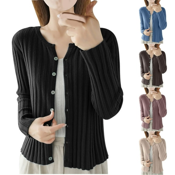 Fartey Womens Ribbed Knit Crop Cardigan Sweater Dressy Casual Button Down Open Front Sweaters Lightweight Comfy Solid Color Going Out Cardigans Blue L