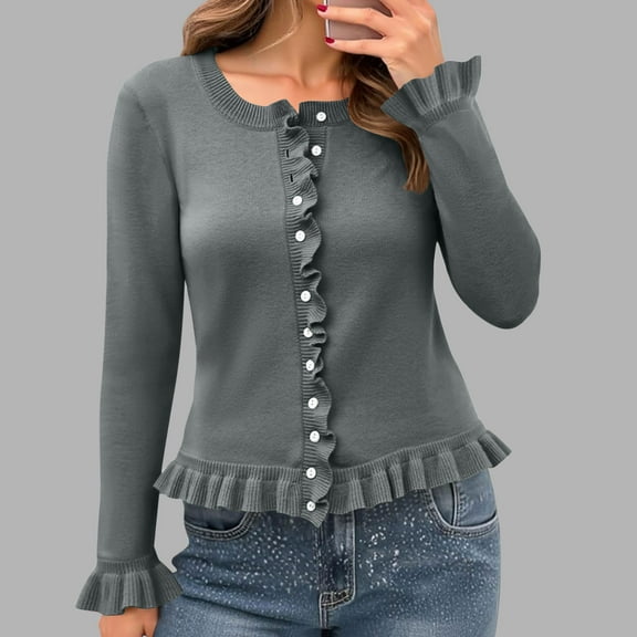 Fartey Womens Ruffle Cardigan Sweaters Dressy Casual Button Down Cardigans Chunky Knit Long Sleeve Open Front Fall Winter Solid Solid Sweater Dark Gray M