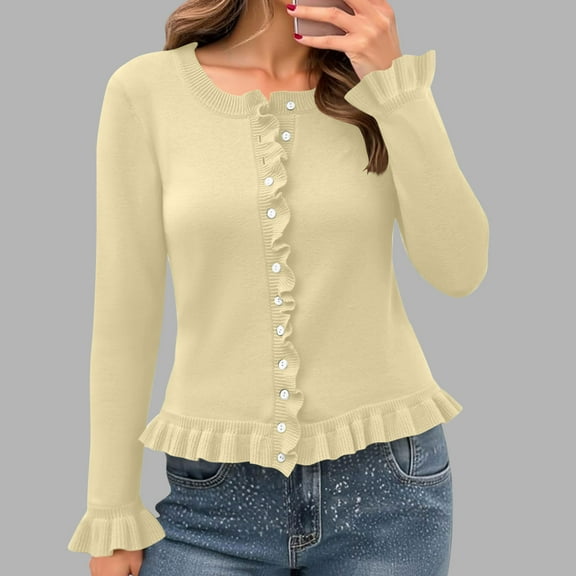 Fartey Womens Ruffle Cardigan Sweaters Dressy Casual Button Down Cardigans Chunky Knit Long Sleeve Open Front Fall Winter Solid Solid Sweater Yellow L