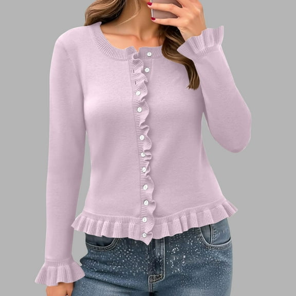 Fartey Womens Ruffle Cardigan Sweaters Dressy Casual Button Down Cardigans Chunky Knit Long Sleeve Open Front Fall Winter Solid Solid Sweater Pink S