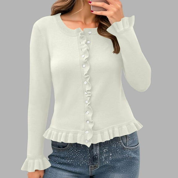 Fartey Womens Ruffle Cardigan Sweaters Dressy Casual Button Down Cardigans Chunky Knit Long Sleeve Open Front Fall Winter Solid Solid Sweater White M