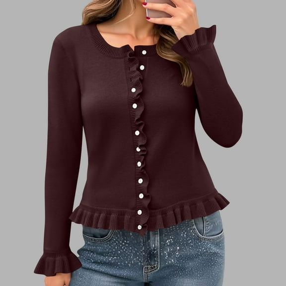 Fartey Womens Ruffle Cardigan Sweaters Dressy Casual Button Down Cardigans Chunky Knit Long Sleeve Open Front Fall Winter Solid Solid Sweater Wine S