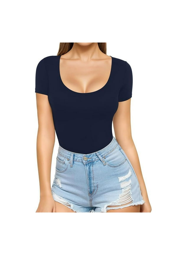 Womens Scoop Neck Short Sleeve Shirts Solid Color Summer Going Out Tops Soft Stretch Tight Tops Trendy Y2K Tee Dark Blue S