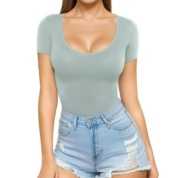 Fartey Womens Scoop Neck Short Sleeve Shirts Solid Color Summer Going Out Tops Soft Stretch Tight Tops Trendy Y2K Tee Gray XXL