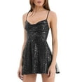 thumbnail image 1 of Fartey Womens Sequin Mini Dres Spaghetti Strap Backless Ruche High Waist Short Dresses Slim Fit Sleeveless Crew Neck Bodycon Dress Cocktail Party Club Dresses Black S-XL, 1 of 5