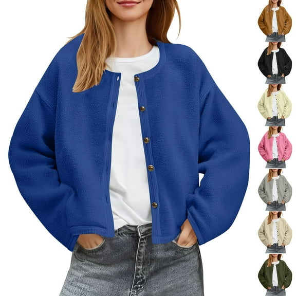 Fartey Womens Sherpa Fleece Jackets Cropped Button Up Crew Neck Coats Fall Winter Long Sleeve Coat Casual Trendy Solid Color Outerwear Hot Pink 2XL