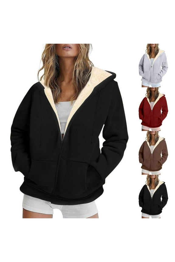 Womens Sherpa Lined Hoodie Fall Winter Warm Jacket Full Zip Up Fleece Lining Hooded Jackets Plus Size Long Sleeve Coats with Pockets Black 2XL