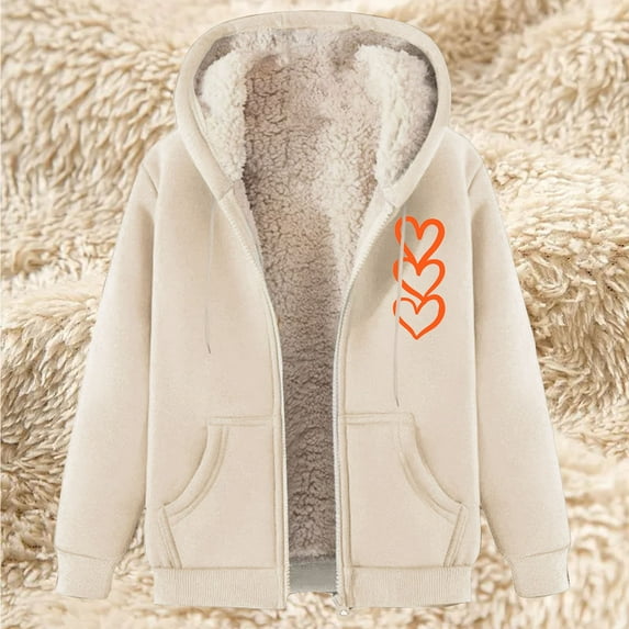 Fartey Womens Sherpa Lined Jacket Fashion Casual Fleece Drawstring Hooded Coat Winter Warm Long Sleeve Jackets Cute Heart Print Outerwear with Pockets