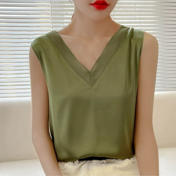 Fartey Womens Silk Satin Tank Tops Fashion Elegant Colorblock V Neck Tanks Summer Sleeveless Shirts Business Casual Work Top Green M