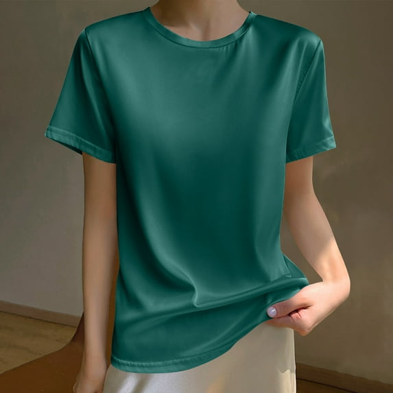 Fartey Womens Silk Satin Tops Crewneck Short Sleeve Tee Shirt Soft Comfy Summer Tshirts Fashion Solid Color Shirts Casual Party Blouses Green XXXL