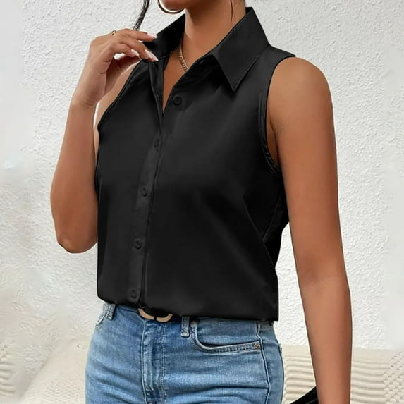 Fartey Womens Sleeveless Button Down Shirt Classic Collared Tank Tops Elegant Solid Color V Neck Tanks Business Casual Work Office Tops Black XXL