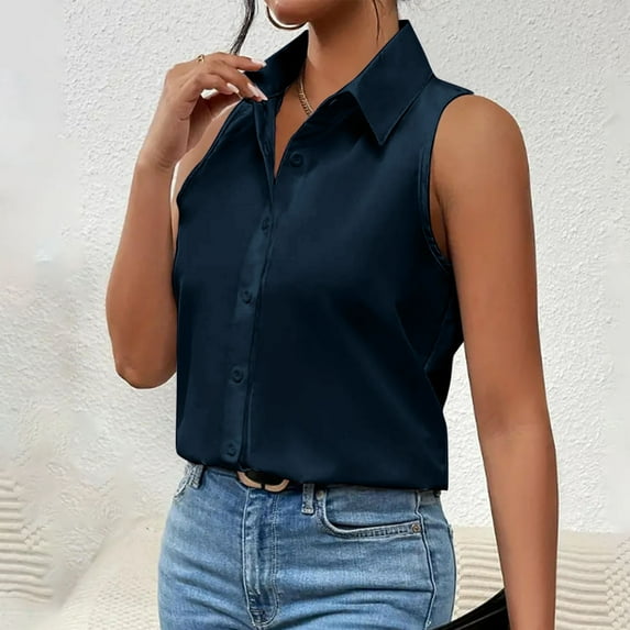 Fartey Womens Sleeveless Button Down Shirt Classic Collared Tank Tops Elegant Solid Color V Neck Tanks Business Casual Work Office Tops Navy L