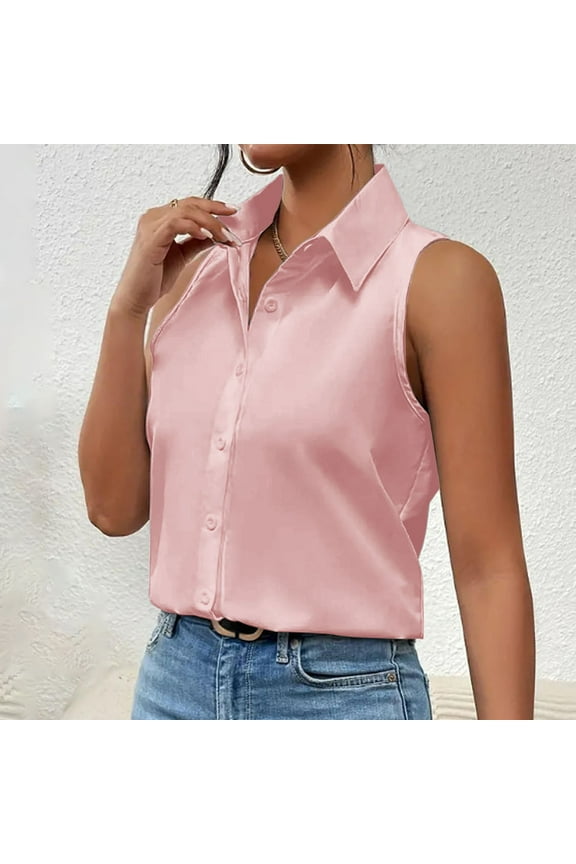 Womens Sleeveless Button Down Shirt Classic Collared Tank Tops Elegant Solid Color V Neck Tanks Business Casual Work Office Tops Pink XL