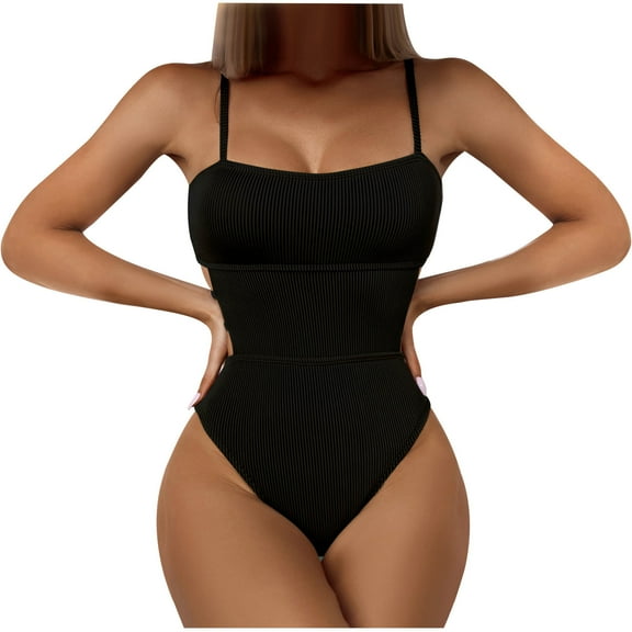 Fartey Womens Spaghetti Strap One Piece Swimsuit Fashion Elegant Solid Color Ribbed Bathing Suits Hollow Side Tummy Control Swimsuits Summer Beach Swimwear Black S-XL