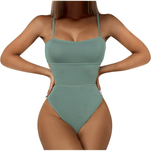 Fartey Womens Spaghetti Strap One Piece Swimsuit Fashion Elegant Solid Color Ribbed Bathing Suits Hollow Side Tummy Control Swimsuits Summer Beach Swimwear Green S-XL