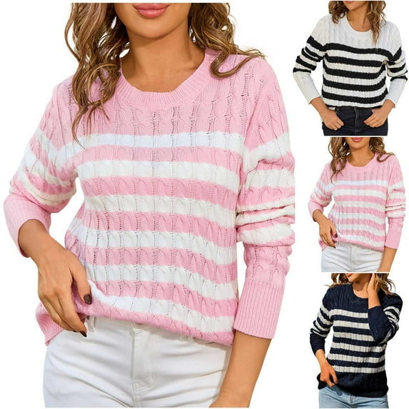 Fartey Womens Striped Sweaters Cable Knit Sweater Loose Casual Long Sleeve Crewneck Pullover Fashion Color Block Tops White L