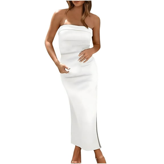 Fartey Womens Summer Bodycon Maxi Tube Dress Ribbed Strapless Side Slit Long Going Out Dresses Casual Elegant Solid Color Party Dresses White M