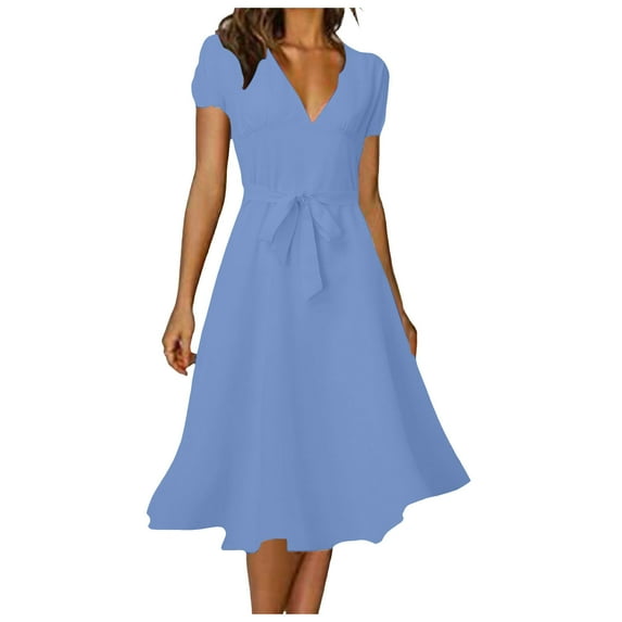 Fartey Womens Summer Bohemian Dress Casual V Neck Ruffle Flowy Short Sleeve Belt A-Line Pleated Hem Midi Sun Dress Summer Beach Swing Dresses Blue XL