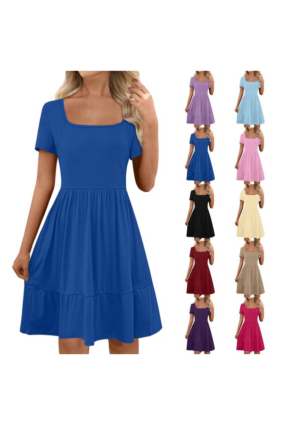 Womens Summer Casual Dresses Short Sleeve Square Neck Babydoll Dress with Pockets 2025 Vacation A-Line Beach Dress Cute Short Sundress Light Blue S