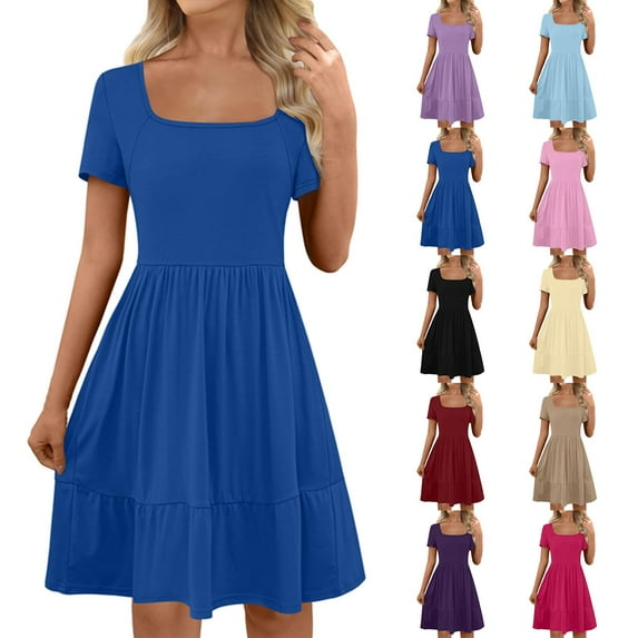 Fartey Womens Summer Casual Dresses Short Sleeve Square Neck Babydoll Dress with Pockets 2025 Vacation A-Line Beach Dress Cute Short Sundress Purple L