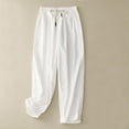 thumbnail image 1 of Fartey Womens Summer Cotton Linen Classic Cuffed Pants Drawstring Elastic High Waist Wide Leg Pant Soft Lightweight Daily House Trousers with Pockets, 1 of 7
