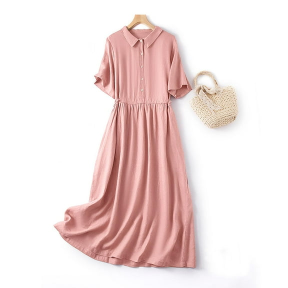 Fartey Womens Summer Dresses Under $10 Vintage Short Sleeve Cotton Linen Midi Dress Solid Color Button Lapel Beach Dress Casual Flowy Tunic Daily Sundress