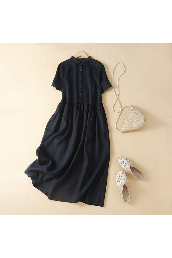 Womens Summer Dresses Under $10 Vintage Short Sleeve Cotton Linen Midi Dress Solid Color Button Lapel Beach Dress Casual Flowy Tunic Daily Sundress