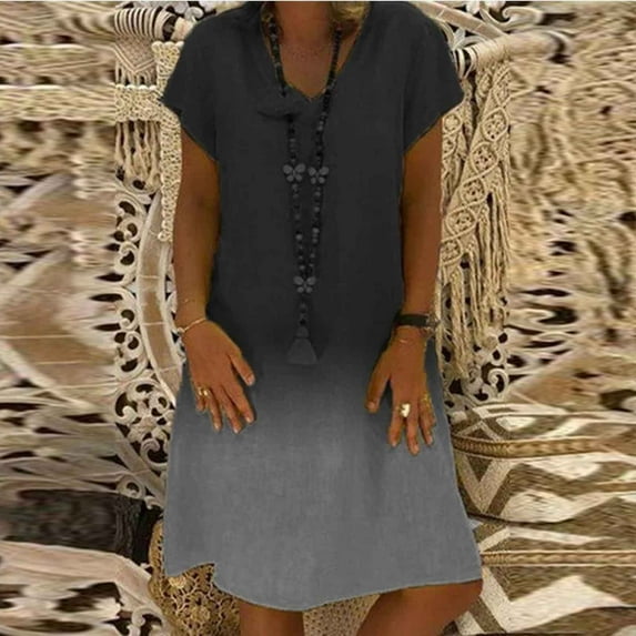 Fartey Womens Summer Dresses Fashion Gradient Cotton Linen Short Sleeve Dress Elegant V Neck Relaxed Fit Dress Summer Lightweight Beach Holiday Sun Dress