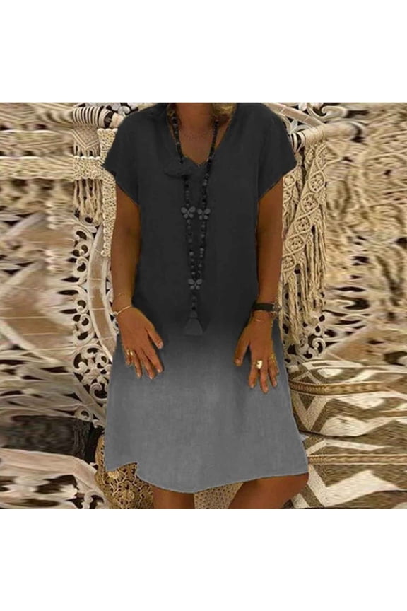 Womens Summer Dresses Fashion Gradient Cotton Linen Short Sleeve Dress Elegant V Neck Relaxed Fit Dress Summer Lightweight Beach Holiday Sun Dress