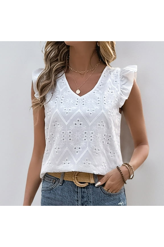 Womens Summer Eyelet Tops Dressy Casual V Neck Ruffle Cap Sleeve Shirts Fashion Elegant Lace Embroidered Blouses 2025 White M