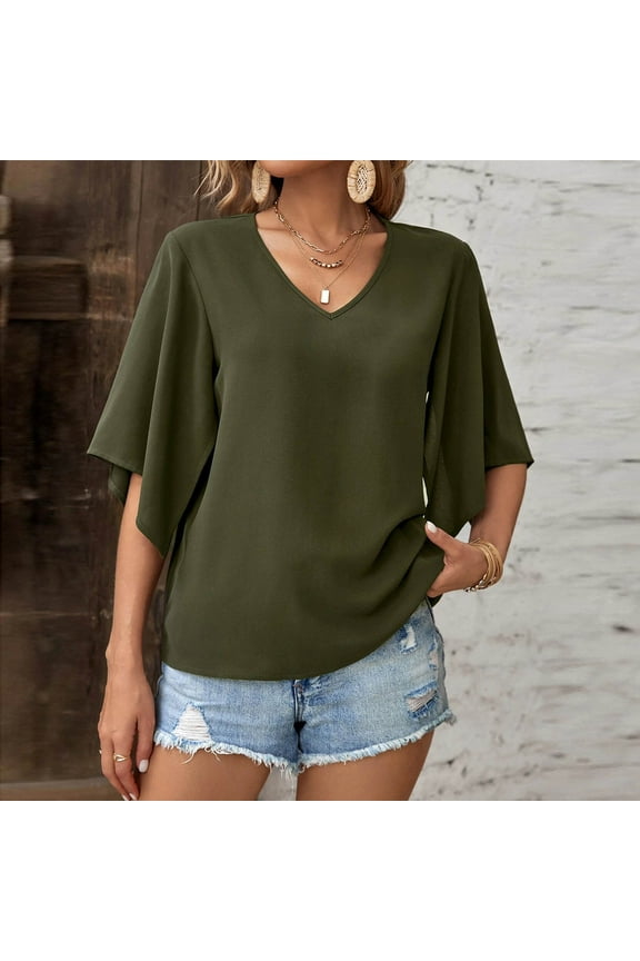 Womens Summer Flutter Sleeve Tops Dressy Casual V Neck Shirts Loose Flowy Elbow Sleeve Tunic Blouse Trendy Going Out T Shirts Green L