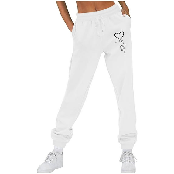 Fartey Womens Sweatpants Baggy Casual High Waisted Jogger Pants Cute Love Print Sporty Gym Joggers Soft Comfy Drawstring Lounge Sweatpant with Pockets White M