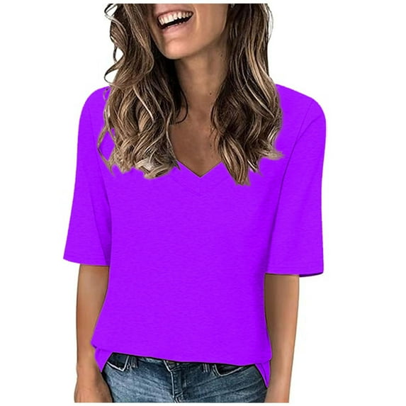 Fartey Womens Tops 2025 V Neck Short Sleeve T Shirts Casual Basic Vacatiom Blouses Loose Fitted Tunic Tops Fashion Solid Color T Shirts Purple L