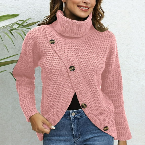 Fartey Womens Turtleneck Sweaters 2024 Fall Chunky Long Sleeve Asymmetric Knit Pullover Sweater Dressy Casual Solid Color Button Sweaters