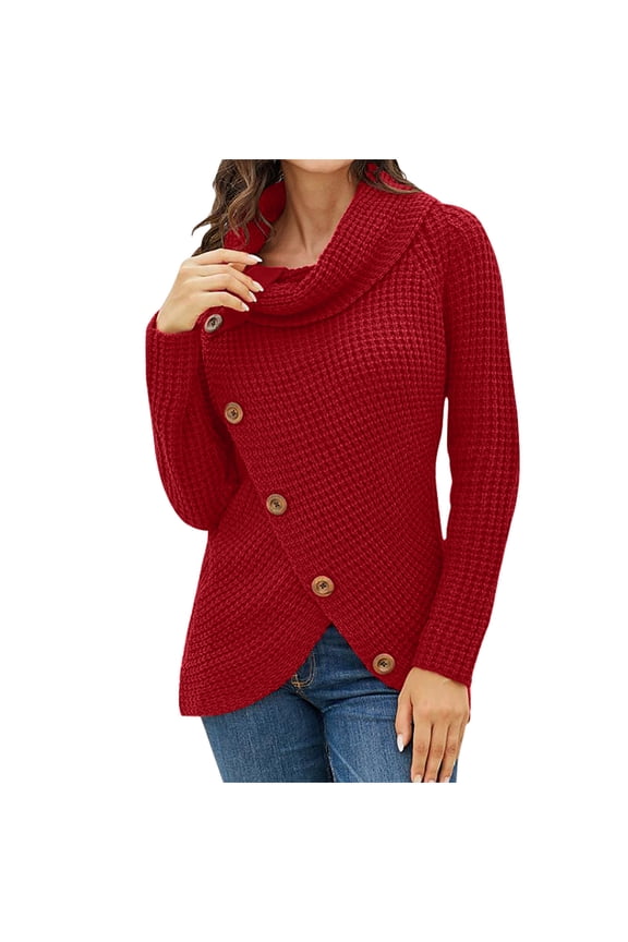Womens Turtleneck Sweaters Fall Long Sleeve Asymmetric Hem Oblique button Knitted Pullover Sweaters Soft Comfy Solid Color Slim Sweater with Button Red XL