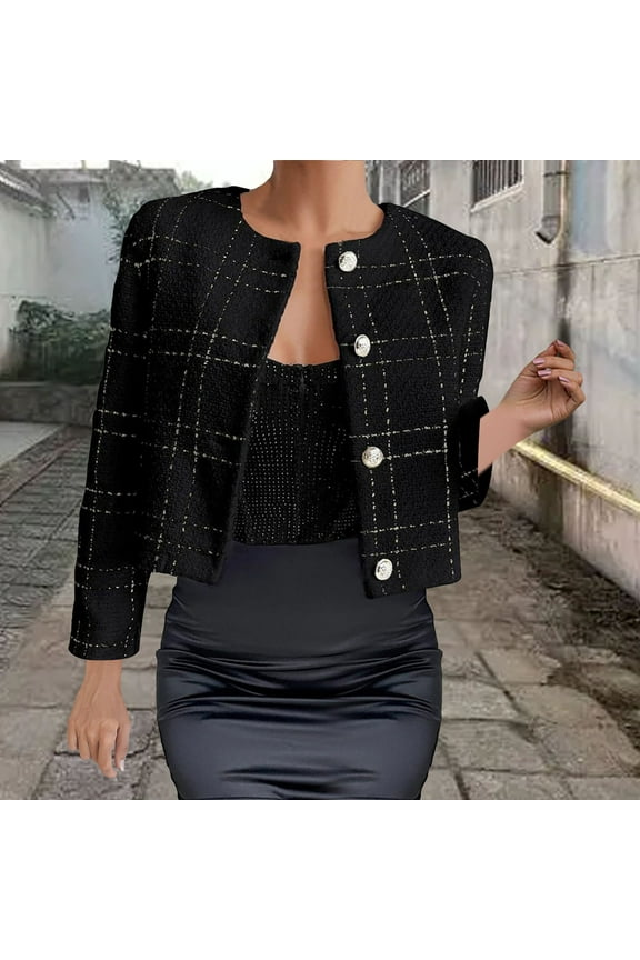Womens Tweed Blazer Jacket 2025 Fall Cropped Open Front Collarless Jacket Casual Business Work Office Plaid Suit with Button