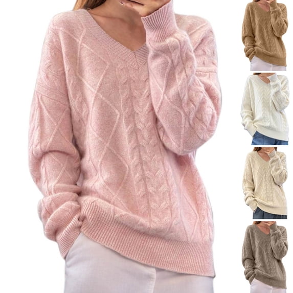 Fartey Womens V Neck Cable Knit Sweaters Fall Winter Chunky Warm Pullover Oversized Crewneck Long Sleeve Baggy Knitwear Loose Fit Jumper Tops Coffee S