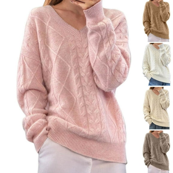 Fartey Womens V Neck Cable Knit Sweaters Fall Winter Chunky Warm Pullover Oversized Crewneck Long Sleeve Baggy Knitwear Loose Fit Jumper Tops Coffee L