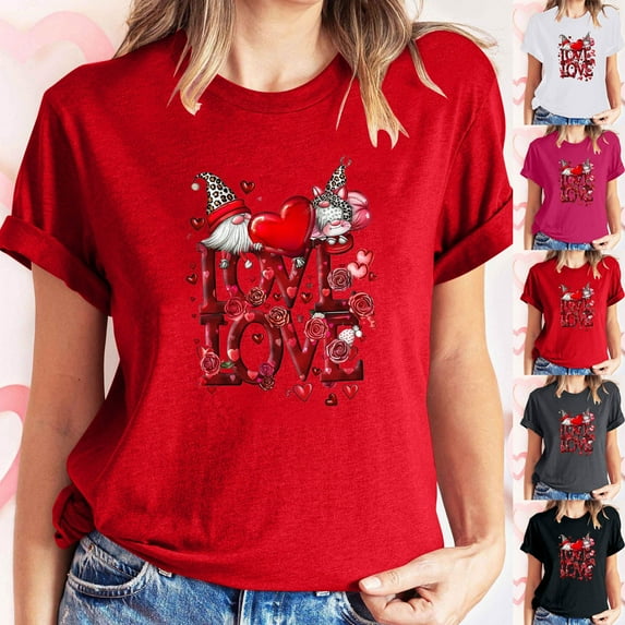 Fartey Womens Valentines Shirt Funny Loose Heart Garphic Tees Loose Casual Short Sleeve Crewneck Tops Plus Size Valentines T-Shirts White S-3XL