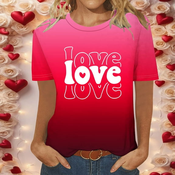 Fartey Womens Valentines Shirts Cute Love Print Short Sleeve Tops Fashion Gradient Crew Neck T-Shirts Loose Casual Going Out Tees Multicolor 3XL