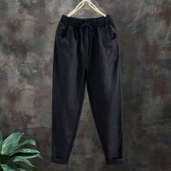 Fartey Womens Vintage Cotton Linen Pants Drawstring Elastic Waist Cuffed Pants with Pockets Casual Loose Solid Color Tapered Pencil Trousers,L