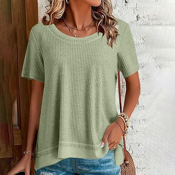 Fartey Womens Waffle Knit Tops Oversized Short Sleeve Crew Neck Textured T Shirts Lightweight Comfy Summer Daily Tee Shirt Fashion Simple Solid Color Blouses Green S-2XL