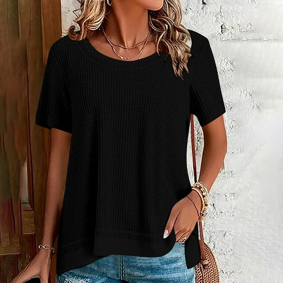 Fartey Womens Waffle Knit Tops Oversized Short Sleeve Crew Neck Textured T Shirts Lightweight Comfy Summer Daily Tee Shirt Fashion Simple Solid Color Blouses Black S-2XL
