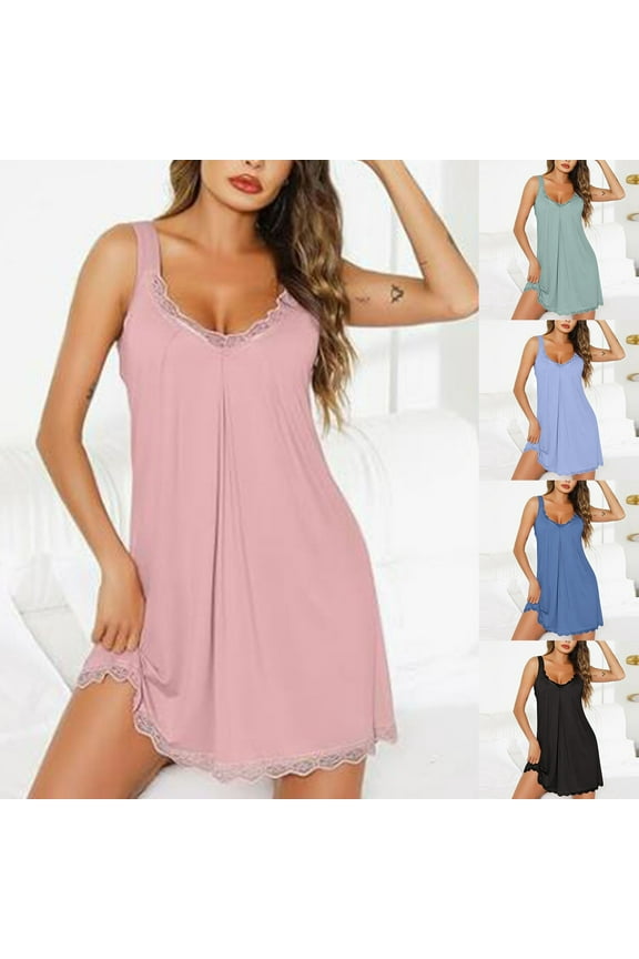 Womens Wide Strap Night Gowns Sexy Lace Trim V Neck Chemise Sleep Dress Loose Soft Sleeveless Night Dress Lightweight Comfy Solid Color Daily Nightdress Green XL