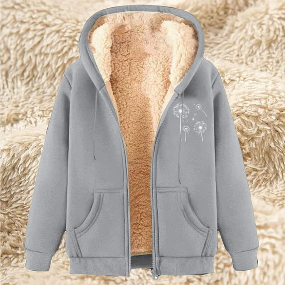 Fartey Womens Winter Drawstring Hoodies Cute Print Full Zip Coat Soft Comfy Fleece Lined Warm Jacket Loose Fit Sherpa Long Sleeve Coats with Pockets